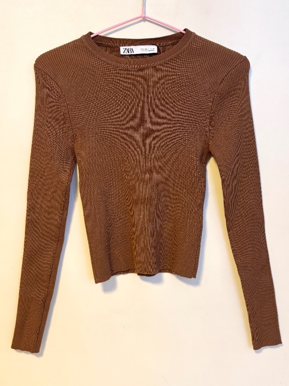 Zara Crewneck Long Sleeve Ribbed Baby Tee Top Blouse Light Brown Womens Medium